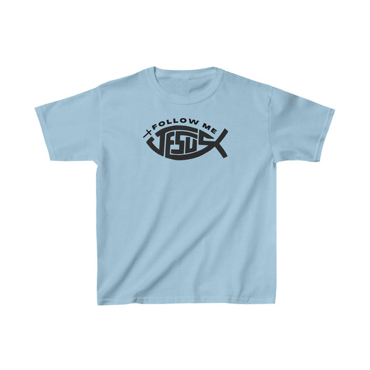 Kids Jesus Follow Me Tee: Light blue shirt with black logo. 100% cotton, ideal for everyday wear. Twill tape shoulders, ribbed collar, seamless sides. Classic fit, true to size.