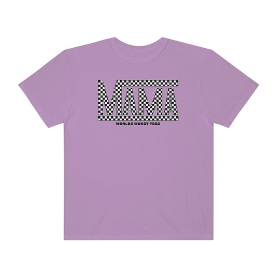 A relaxed fit Vans Mama Tee in purple with black and white checkered text. 100% ring-spun cotton, garment-dyed for coziness, double-needle stitching for durability, and seamless design for a tubular shape.