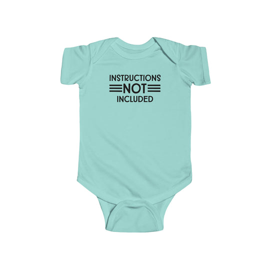 A baby bodysuit featuring the title Instructions Not Included Onesie from Worlds Worst Tees. Made of 100% cotton, with ribbed knit bindings and plastic snaps for easy changing access. Dimensions: Width 7.32-12.01 in, Length 11.46-15.51 in, Sleeve length 2.52-3.50 in.