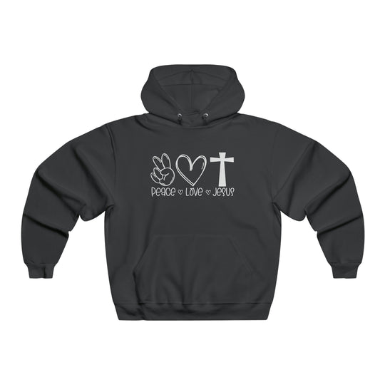 Unisex Peace Love and Jesus Hoodie: A cozy blend of cotton and polyester, featuring a kangaroo pocket and drawstring hood. Classic fit, tear-away label, ideal for printing. Medium-heavy fabric for warmth and comfort.