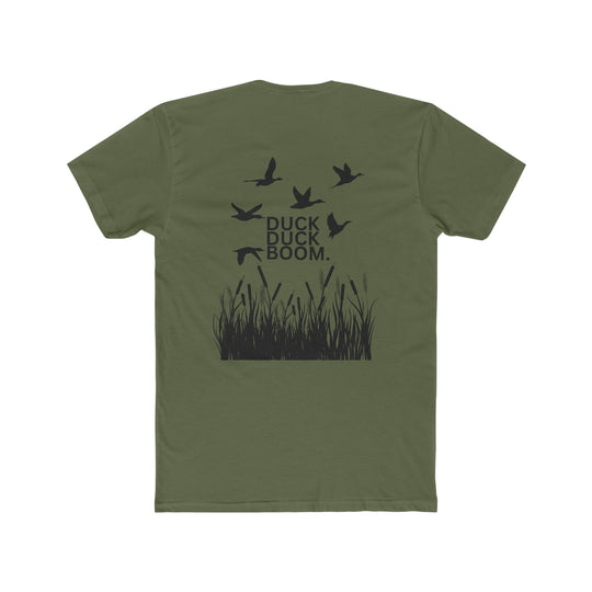 A premium fit Duck Duck Boom Tee, men's short sleeve shirt with a back design of birds and grass. Comfy, light, ribbed knit collar, roomy, 100% cotton. Sizes XS to 4XL.