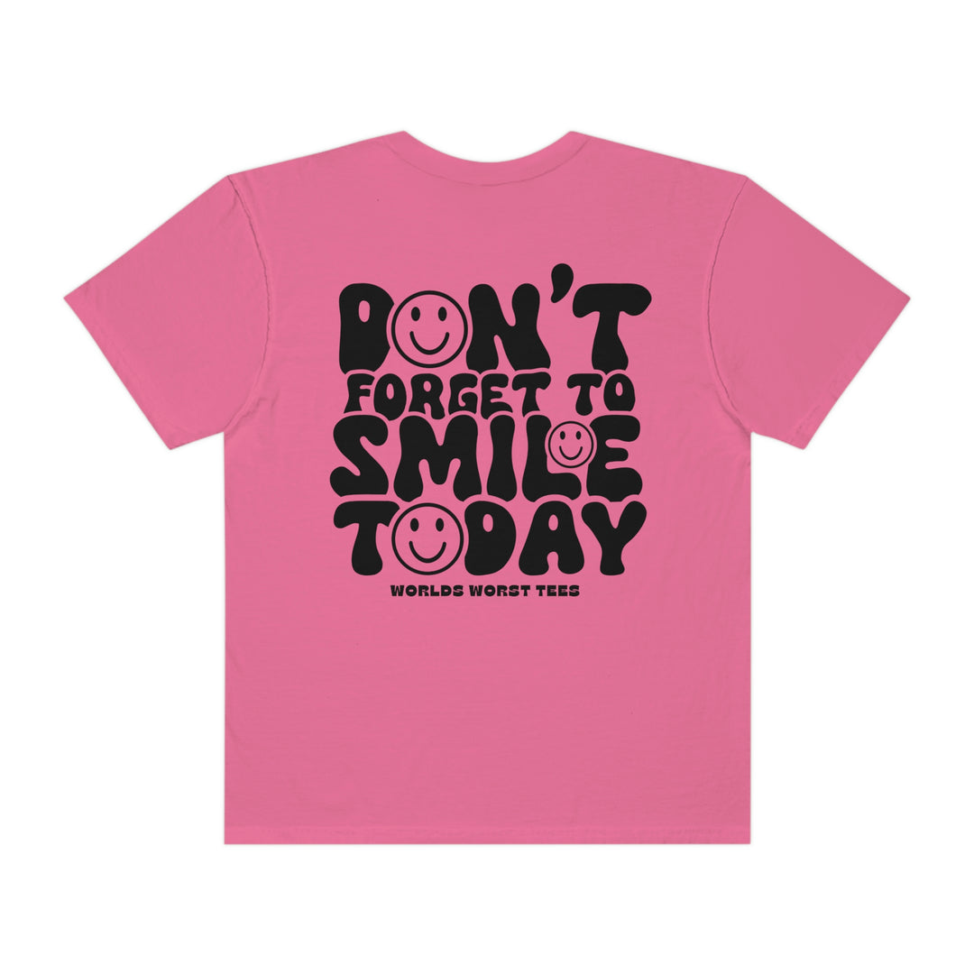 Garment-dyed tee made of 100% ring-spun cotton, featuring a relaxed fit and double-needle stitching for durability. Don't Forget To Smile Today Tee by Worlds Worst Tees.