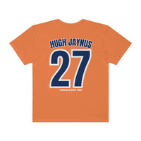 Relaxed fit Houston Asshats #27 Hugh Jaynus t-shirt, back view. Features numbers, letters, and logo on orange background. 100% ring-spun cotton, medium weight, durable double-needle stitching, no side-seams.