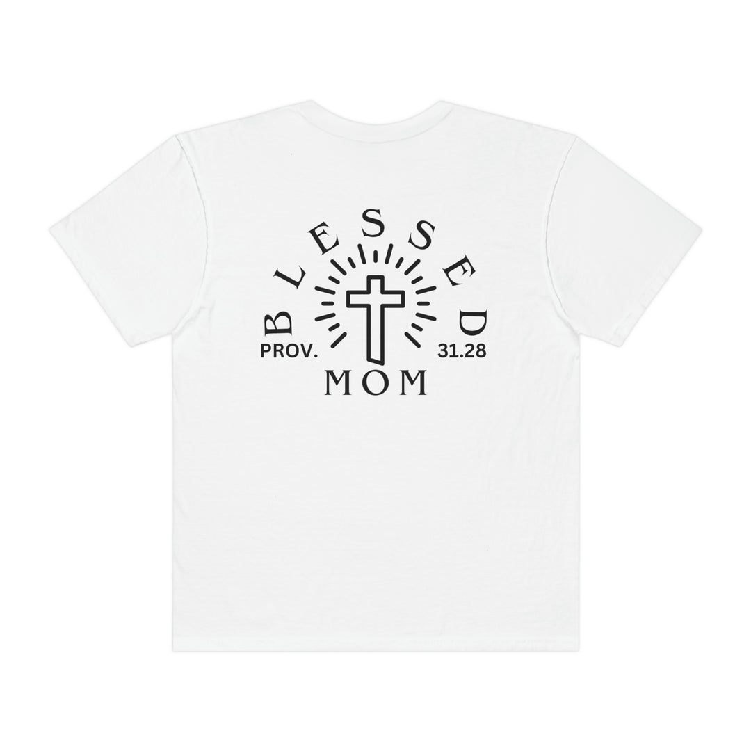 Blessed Mom Tee: White shirt with a cross design. 100% ring-spun cotton, garment-dyed for coziness. Relaxed fit, double-needle stitching for durability, no side-seams for shape retention. Sizes S to 3XL.