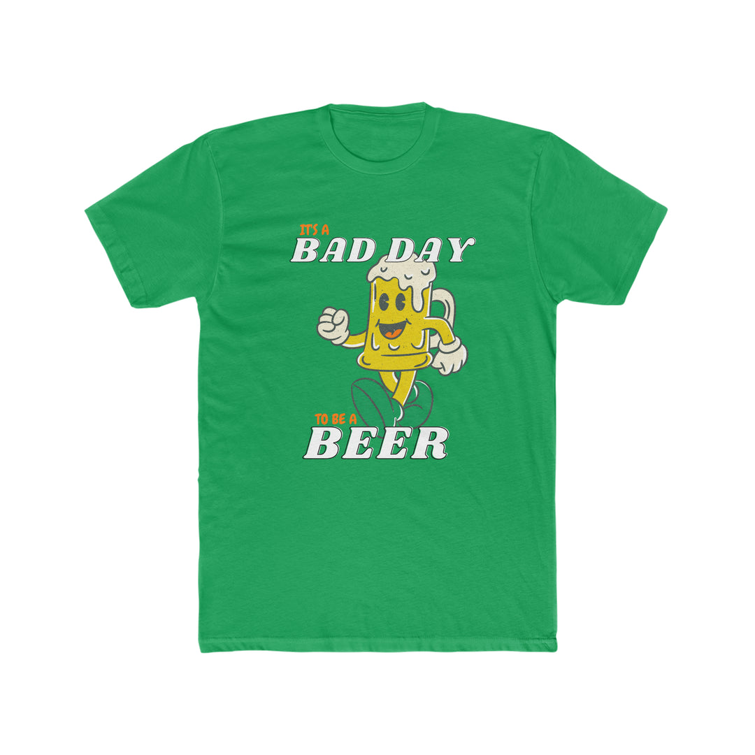 A green shirt featuring a cartoon beer mug, part of the It's A Bad Day to be a Beer Tee collection by World's Worst Tees. Made of 100% ring-spun cotton with a relaxed fit and double-needle stitching for durability.