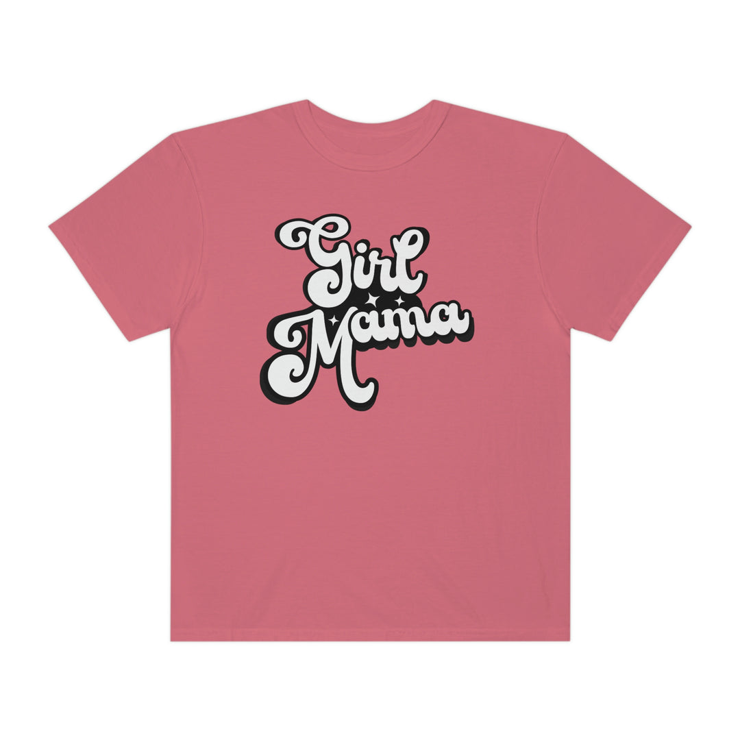 Girl Mama Tee: A pink shirt with white text, featuring a cartoon character mouth, crafted from 100% ring-spun cotton for a cozy, durable, and relaxed fit. Ideal for daily wear.