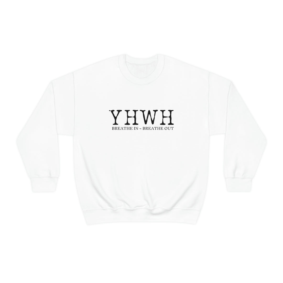 A white YHWH Crewneck sweatshirt with black text, a blend of comfort in polyester and cotton. Ribbed knit collar, no itchy seams, loose fit, medium-heavy fabric. Ideal for all, true to size.