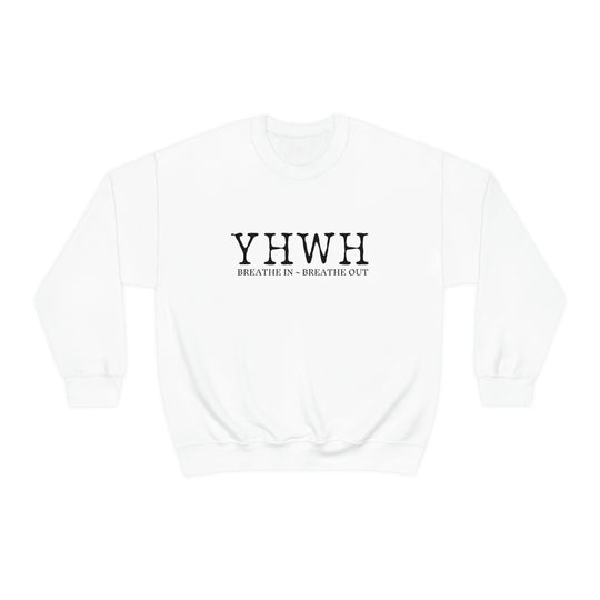 A white YHWH Crewneck sweatshirt with black text, a blend of comfort in polyester and cotton. Ribbed knit collar, no itchy seams, loose fit, medium-heavy fabric. Ideal for all, true to size.