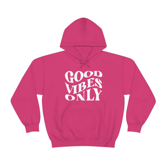 A pink hoodie with Good Vibes Only text, a kangaroo pocket, and drawstring hood. Unisex heavy blend (50% cotton, 50% polyester), no side seams, medium-heavy fabric, classic fit. Sizes S-5XL.