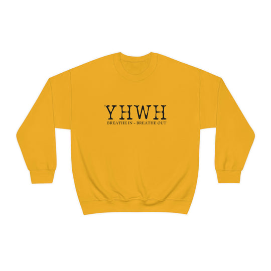 Unisex YHWH Crewneck sweatshirt, yellow with black text. Heavy blend fabric, ribbed knit collar, no itchy seams. Sizes from S to 5XL. Ideal for comfort and style.