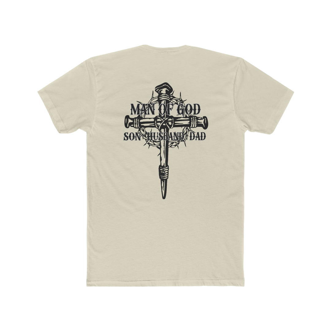 Man of God Son Husband Dad Tee: Back view of a black and white t-shirt with a cross and crown of thorns graphic. 100% ring-spun cotton, medium weight, relaxed fit for daily comfort.