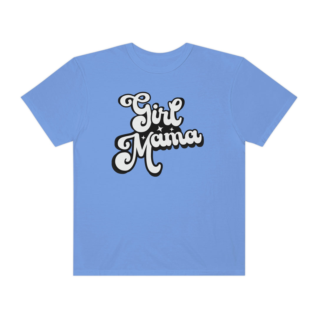 Girl Mama Tee: A blue shirt with white text featuring a cartoon character. 100% ring-spun cotton, medium weight, relaxed fit, durable double-needle stitching, no side-seams for tubular shape. From 'Worlds Worst Tees'.