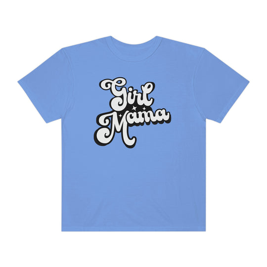 Girl Mama Tee: A blue shirt with white text featuring a cartoon character. 100% ring-spun cotton, medium weight, relaxed fit, durable double-needle stitching, no side-seams for tubular shape. From 'Worlds Worst Tees'.