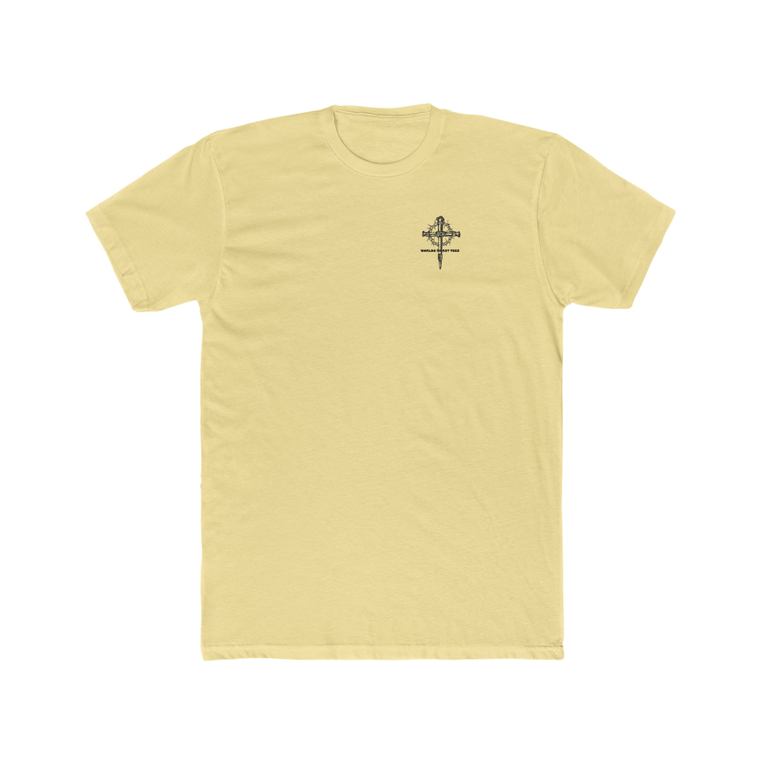 Man of God Husband Dad Grandpa Tee: A yellow t-shirt with a cross and crown of thorns graphic. 100% ring-spun cotton, garment-dyed for coziness, relaxed fit, durable double-needle stitching, no side-seams.
