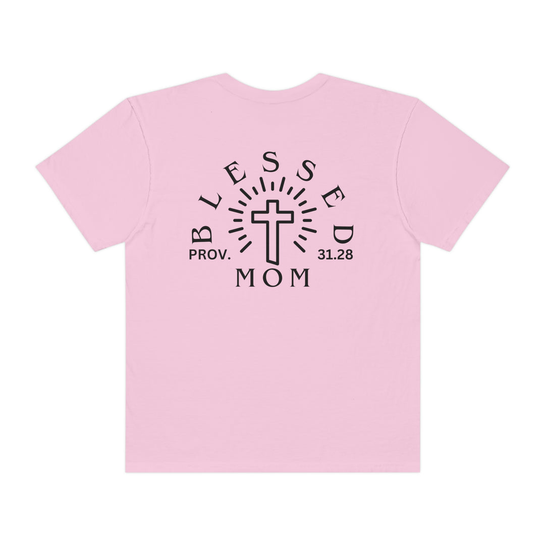 A Blessed Mom Tee, garment-dyed with ring-spun cotton for coziness. Relaxed fit, double-needle stitching, no side-seams for durability and shape. Medium weight, ideal for daily wear.