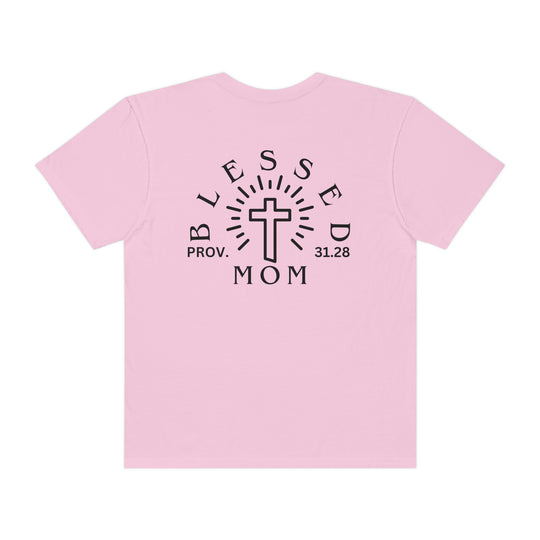 A Blessed Mom Tee, garment-dyed with ring-spun cotton for coziness. Relaxed fit, double-needle stitching, no side-seams for durability and shape. Medium weight, ideal for daily wear.