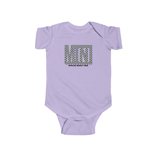 Vans Mini Onesie baby bodysuit with logo, 100% cotton, ribbed knit bindings, plastic snaps at closure for easy changing access. Durable and soft infant wear from Worlds Worst Tees.