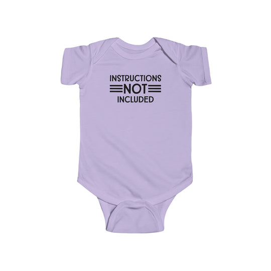 A baby bodysuit with text, featuring durable 100% cotton fabric, ribbed knit bindings, and plastic snaps for easy changing access. Title: Instructions Not Included Onesie. Store: Worlds Worst Tees.