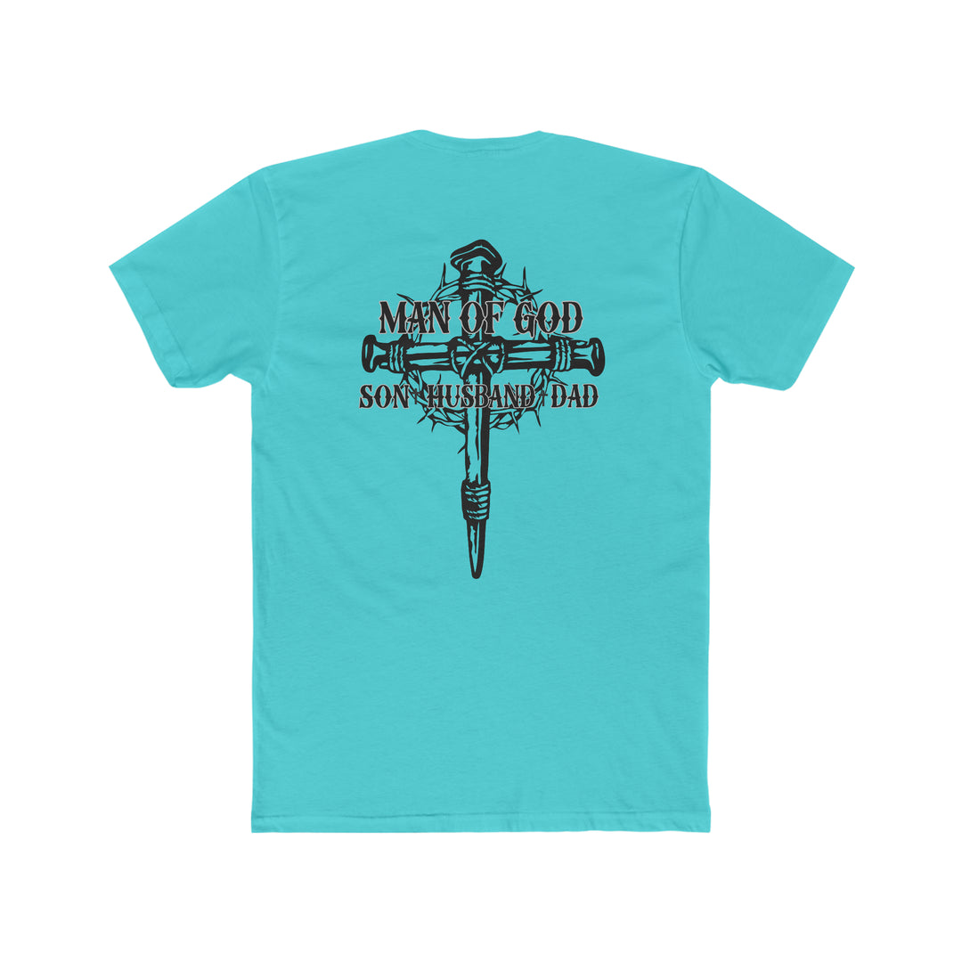 A relaxed fit Man of God Son Husband Dad Tee, back view, with a cross and crown of thorns design on blue fabric. Made of 100% ring-spun cotton for comfort and durability. No side-seams for a tubular shape.
