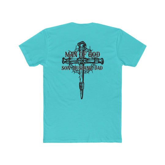 A relaxed fit Man of God Son Husband Dad Tee, back view, with a cross and crown of thorns design on blue fabric. Made of 100% ring-spun cotton for comfort and durability. No side-seams for a tubular shape.
