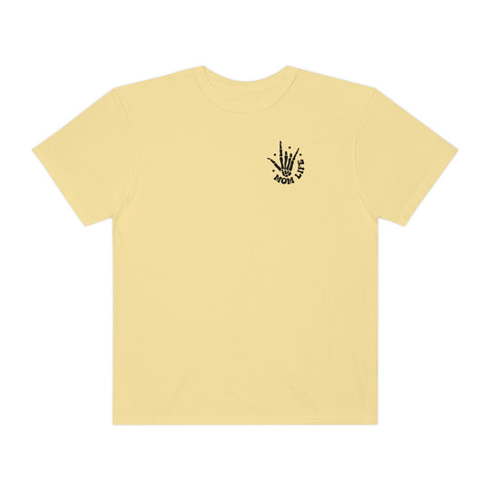Relaxed fit I Used to Be Cool Mom Tee, a yellow garment-dyed t-shirt with a hand print logo. 100% ring-spun cotton, durable double-needle stitching, and seamless design for extra comfort.