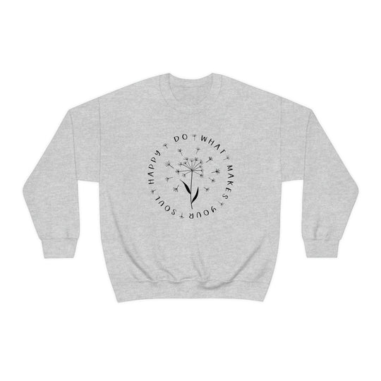 Unisex Happy Soul Crewneck sweatshirt with logo and plant graphic. Polyester-cotton blend, ribbed knit collar, no itchy seams. Medium-heavy fabric, loose fit, sewn-in label. Ideal for comfort in any situation.