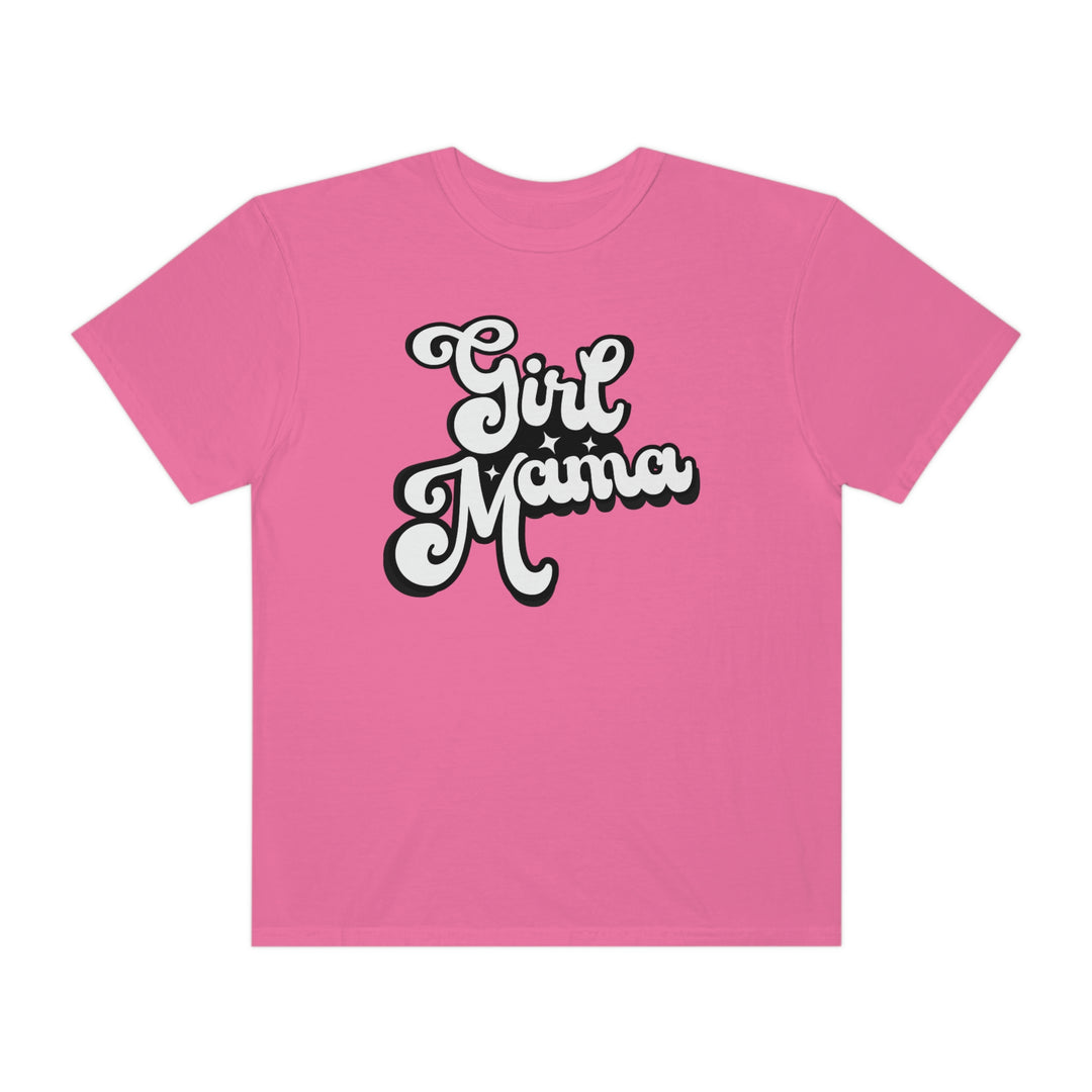 Girl Mama Tee: A pink shirt with white text, 100% ring-spun cotton, medium weight, relaxed fit, double-needle stitching, no side-seams for durability and shape retention.