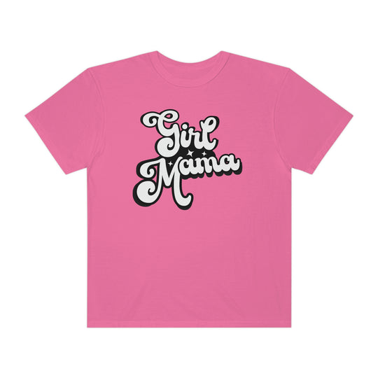 Girl Mama Tee: A pink shirt with white text, 100% ring-spun cotton, medium weight, relaxed fit, double-needle stitching, no side-seams for durability and shape retention.