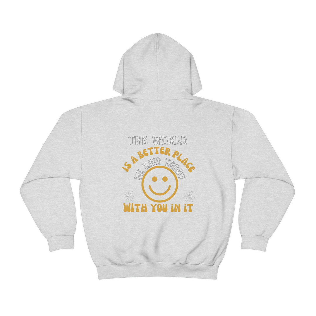 A Be Kind Today Hoodie: White sweatshirt with yellow smiley face and text. Unisex heavy blend, cotton-polyester fabric, kangaroo pocket, drawstring hood. Classic fit, tear-away label, runs true to size.