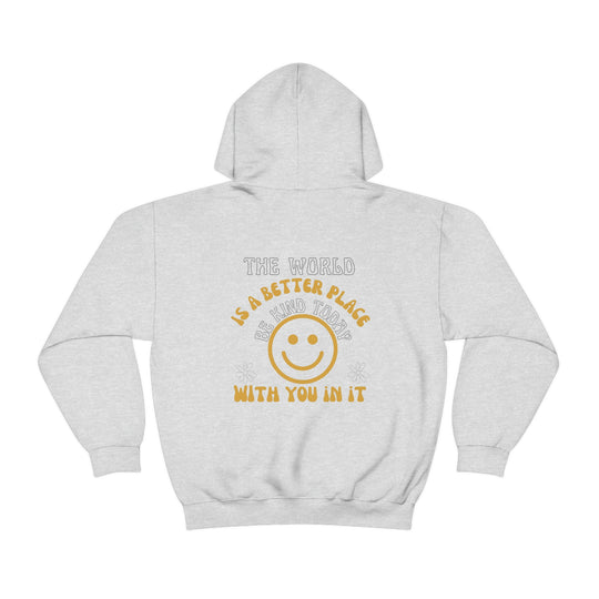 A Be Kind Today Hoodie: White sweatshirt with yellow smiley face and text. Unisex heavy blend, cotton-polyester fabric, kangaroo pocket, drawstring hood. Classic fit, tear-away label, runs true to size.