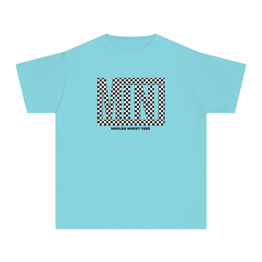 Vans Mini Kids Tee: A blue t-shirt with black and white checkered design, crafted from 100% combed ringspun cotton for comfort and agility. Perfect for active kids, soft-washed and garment-dyed, with a classic fit for all-day wear.