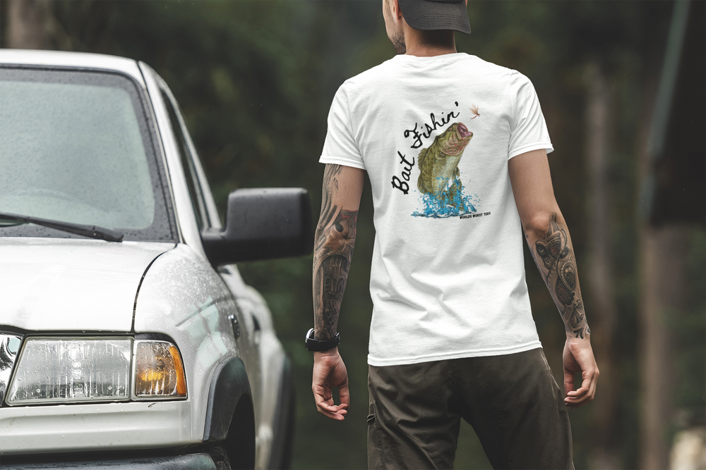 A relaxed fit Bait Fishin Tee in ring-spun cotton, featuring a fish design on a white shirt. Durable double-needle stitching, no side-seams, and medium weight for daily comfort.