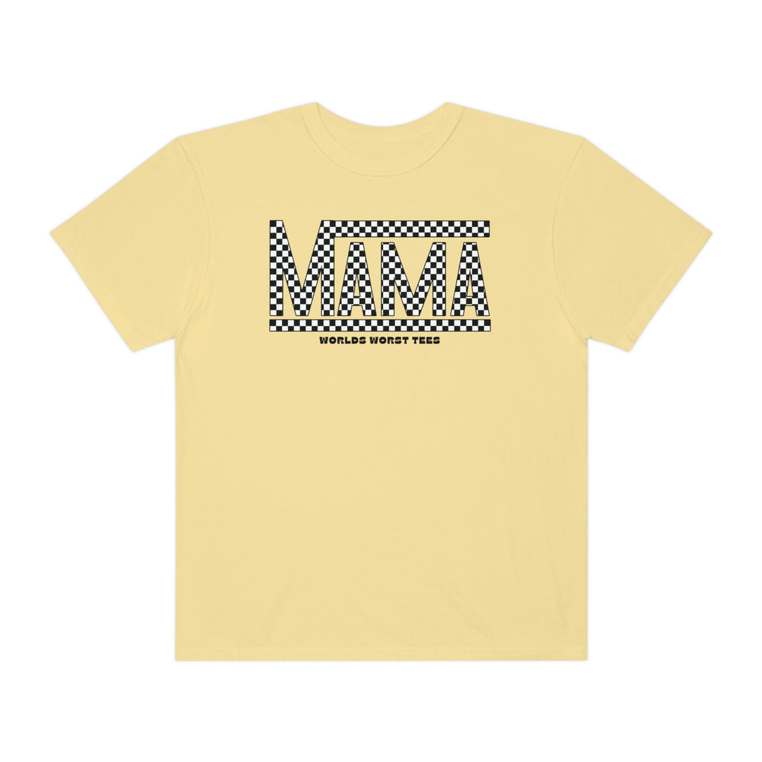 Vans Mama Tee: A yellow t-shirt with black and white checkered design. 100% ring-spun cotton, garment-dyed for coziness. Relaxed fit, double-needle stitching for durability, no side-seams for shape retention.
