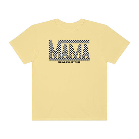 Vans Mama Tee: A yellow t-shirt with black and white checkered design. 100% ring-spun cotton, garment-dyed for coziness. Relaxed fit, double-needle stitching for durability, no side-seams for shape retention.