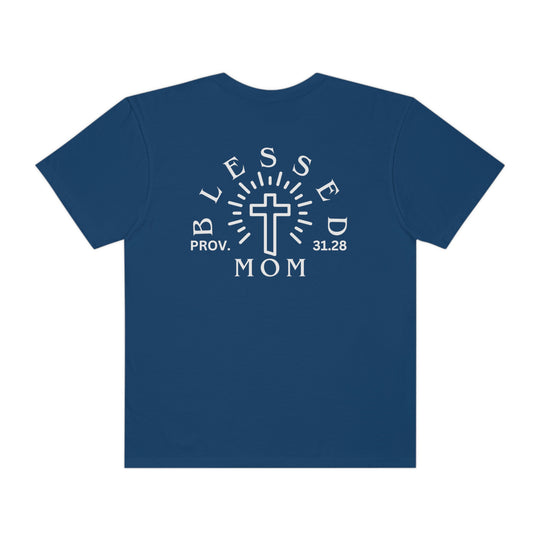 Relaxed fit Blessed Mom Tee in blue, back view. 100% ring-spun cotton, garment-dyed for coziness. Double-needle stitching for durability, tubular shape with no side-seams. Ideal for daily wear.