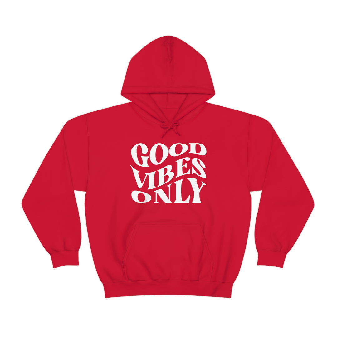 A heavy blend Good Vibes Only Hoodie in red with white text. Unisex, cotton-polyester fabric, kangaroo pocket, drawstring hood. Classic fit, tear-away label, medium-heavy fabric. Ideal for relaxation and warmth.