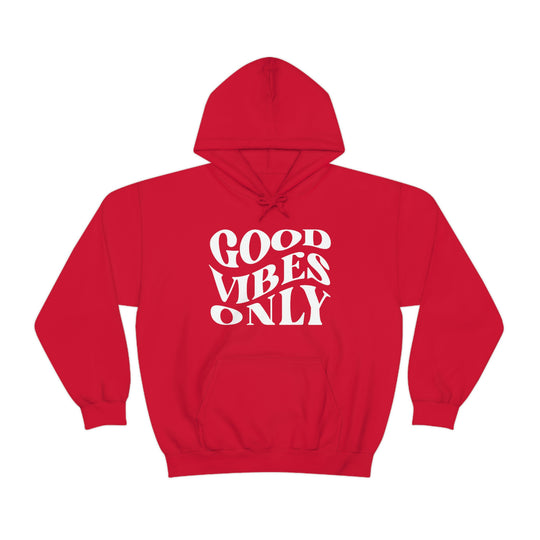 A heavy blend Good Vibes Only Hoodie in red with white text. Unisex, cotton-polyester fabric, kangaroo pocket, drawstring hood. Classic fit, tear-away label, medium-heavy fabric. Ideal for relaxation and warmth.