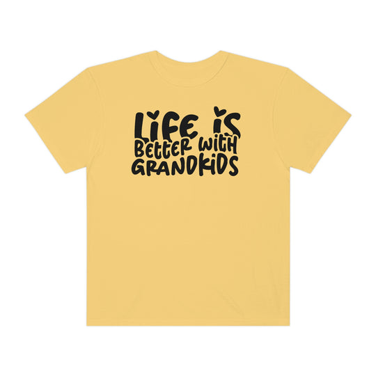 Life is Better With Grandkids Tee: Yellow shirt with black text, 100% ring-spun cotton, medium weight, relaxed fit, double-needle stitching, no side-seams, tubular shape.