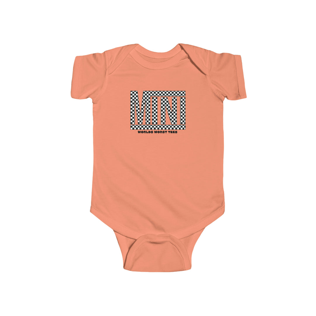 A Vans Mini Onesie baby bodysuit with logo, featuring durable 100% cotton fabric, ribbed knit bindings, and plastic snaps for easy changing. From Worlds Worst Tees, known for unique graphic t-shirts.