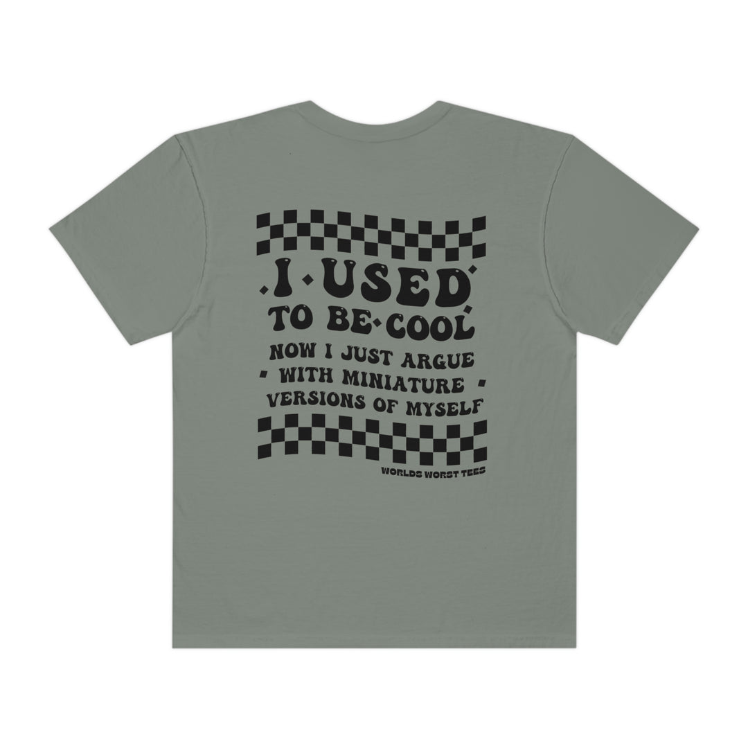 Relaxed fit I Used to Be Cool Mom Tee in grey with black and white text. 100% ring-spun cotton, garment-dyed for coziness. Durable double-needle stitching, no side-seams for a tubular shape.