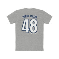 A premium NY Yankers #48 Harry Balsak men's t-shirt with white text and numbers, ribbed knit collar, and roomy fit for workouts or daily wear. 100% combed cotton, light fabric, and side seams for durability.