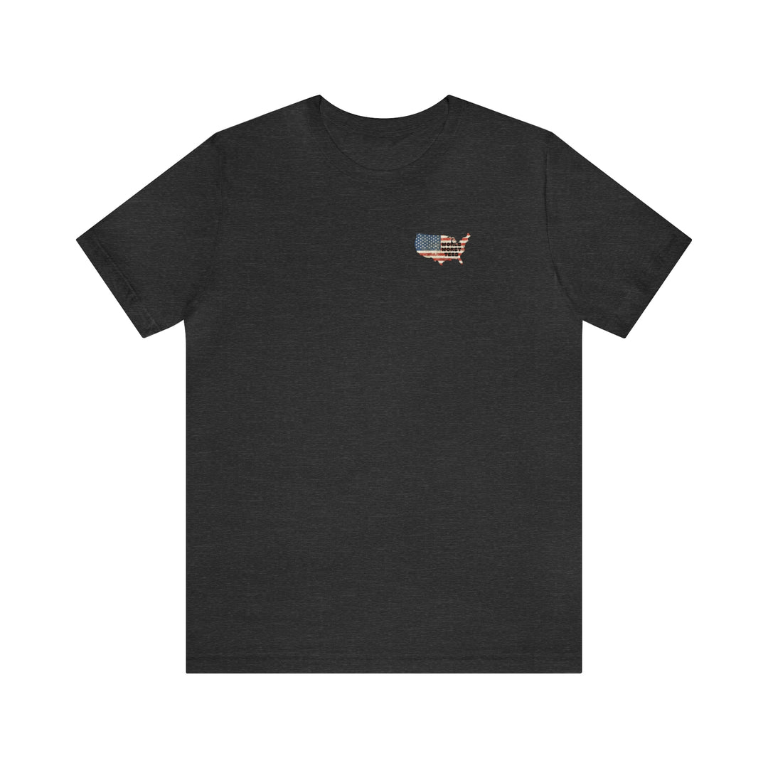 Black USA Some Gave All Tee featuring a flag patch. Unisex jersey tee with ribbed knit collar, Airlume cotton, and retail fit. Sizes XS to 3XL.