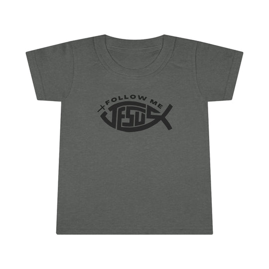 Toddler tee with a fish design and black logo on grey fabric. Features a classic fit, double-needle collar, sleeve, and bottom hems for durability. Made of 100% Ringspun cotton. From 'Worlds Worst Tees'.