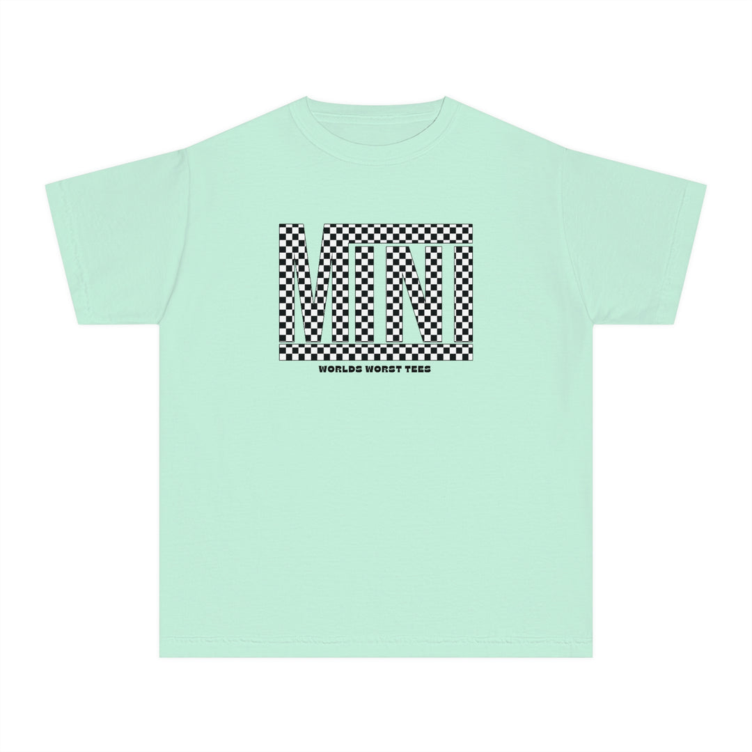 Vans Mini Kids Tee: Light blue t-shirt with black and white checkered design. 100% combed ringspun cotton, soft-washed, garment-dyed, classic fit for all-day comfort. Ideal for active kids.