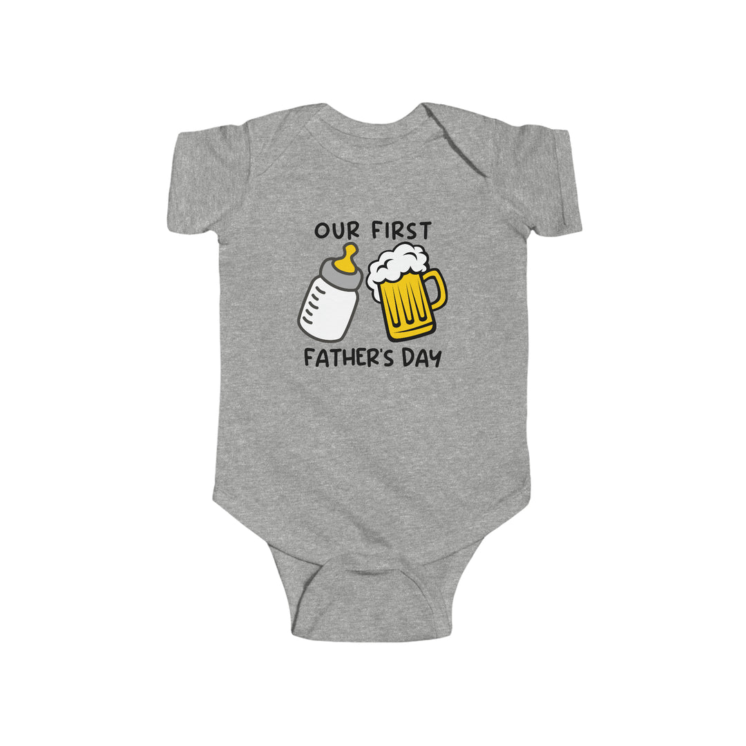 A grey baby bodysuit featuring a beer and bottle design, ideal for Our First Father's Day. Made of 100% cotton, with ribbed knit bindings and plastic snaps for easy changes. From Worlds Worst Tees.