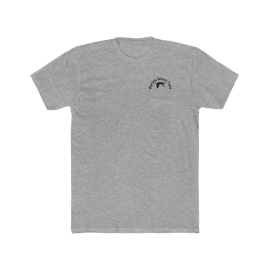 A premium Duck Duck Boom Tee for men, featuring a logo with a flying bird on a grey shirt. Comfy, light, ribbed knit collar, roomy fit. 100% combed cotton, premium fit.