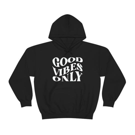 A black hoodie with white text, featuring Good Vibes Only on a heavy blend of cotton and polyester. Unisex, classic fit with kangaroo pocket and drawstring hood. Ideal for warmth and comfort.