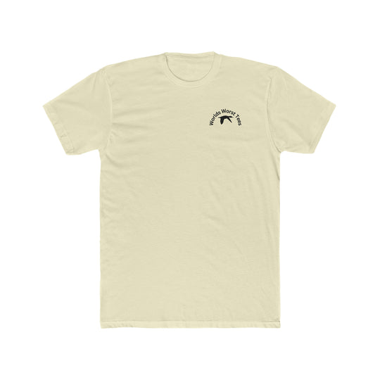A premium Duck Duck Boom Tee, men's short sleeve shirt with a duck logo. Comfy, light, ribbed knit collar, roomy fit. 100% combed cotton, premium fit. Sizes XS-4XL.