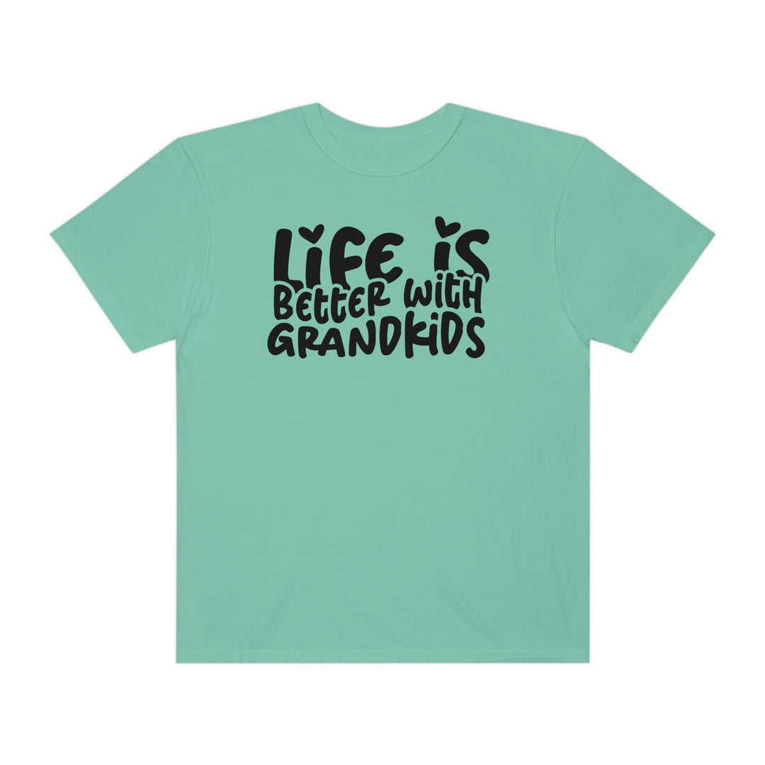 Life is Better With Grandkids Tee: Back view of a relaxed-fit, garment-dyed t-shirt with text. Made of 100% ring-spun cotton for coziness and durability. Double-needle stitching and seamless design for a tubular shape.