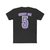 Men's Colorado Rockhards #5 Chubby Cox Tee, a premium fitted short sleeve shirt in black with purple text and numbers. Combed cotton, ribbed collar, roomy fit, ideal for workouts or daily wear.